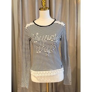 Superdry Boutique Women Striped Long Sleeve Top Lace Trim Silver Logo Navy White